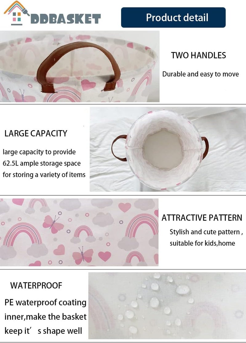 DDBASKET Pink Laundry Basket Girls Hamper Clothes Collapsible Toy Storage Bin Organizer with Handles for Kids, Baby,Nursery Hamper (Pink Rainbows) - Image 3